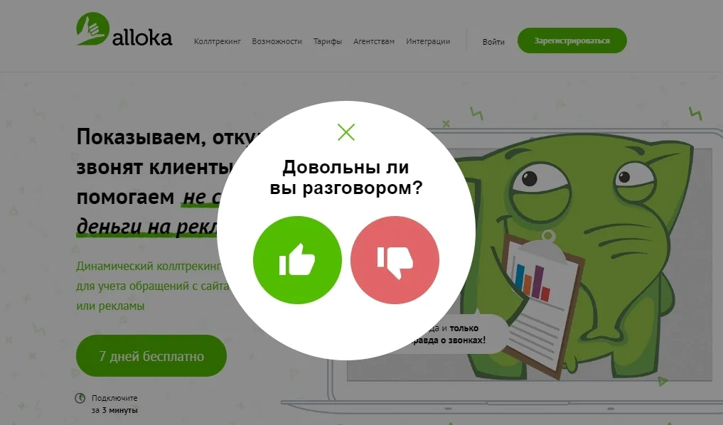 Окно с лайком и дизлайком после звонка на сайте