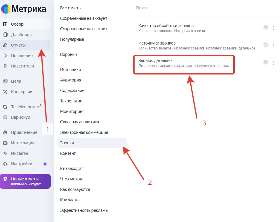 Путь к отчётам о звонках в Яндекс Метрике