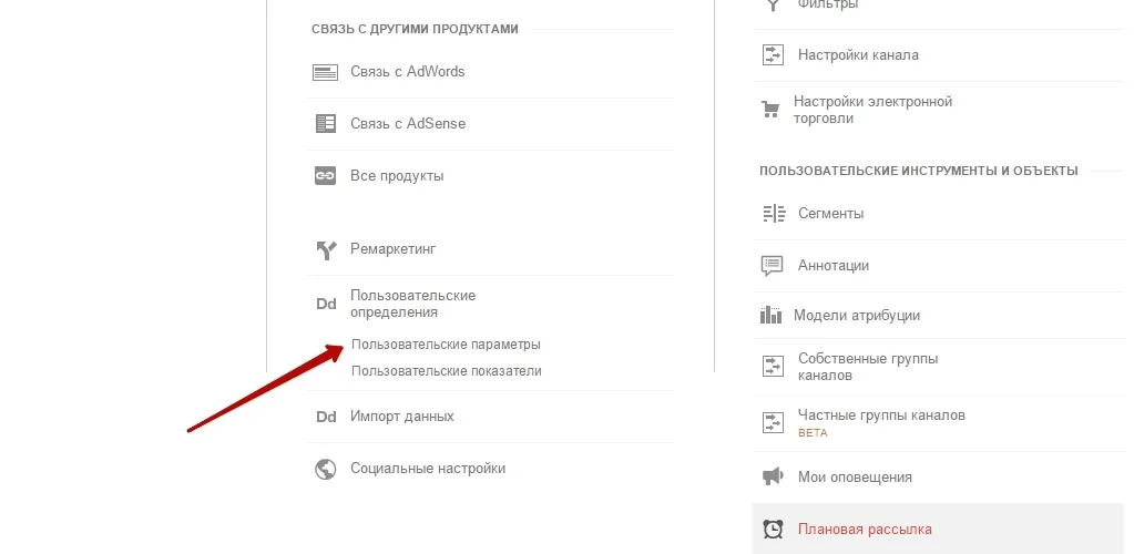 Пункт «Пользовательские параметры» в разделе «Администратор» Google Analytics