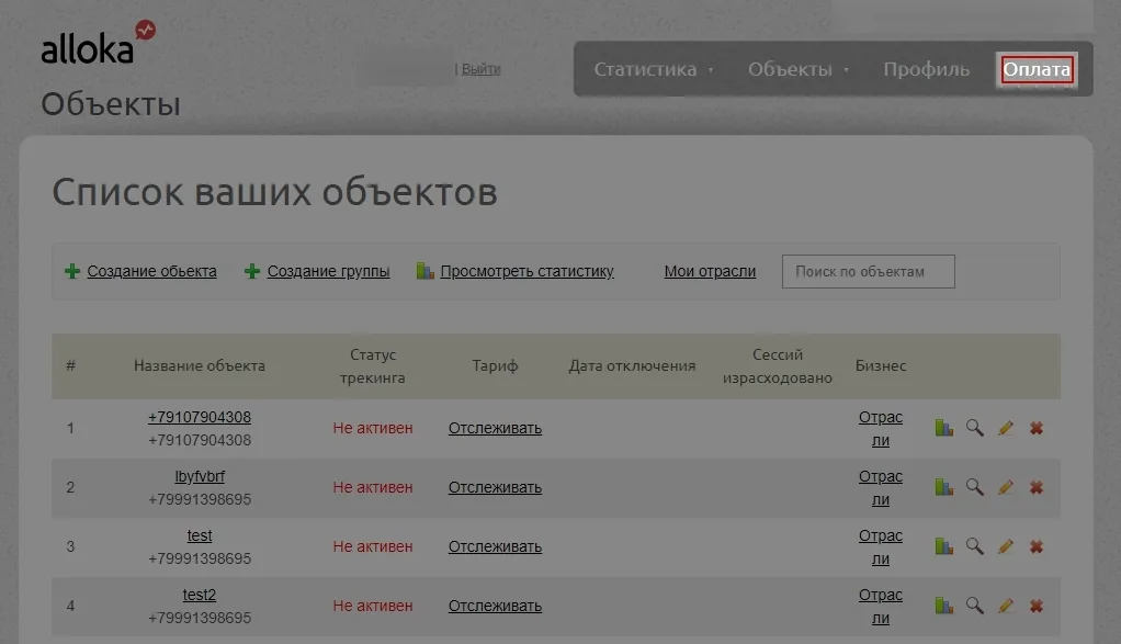Раздел «Оплата» на вкладке «Объекты»