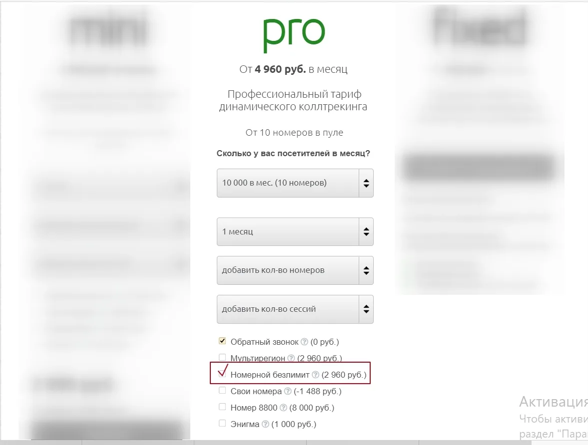 Галочка «Номерной безлимит» при выборе тарифа PRO