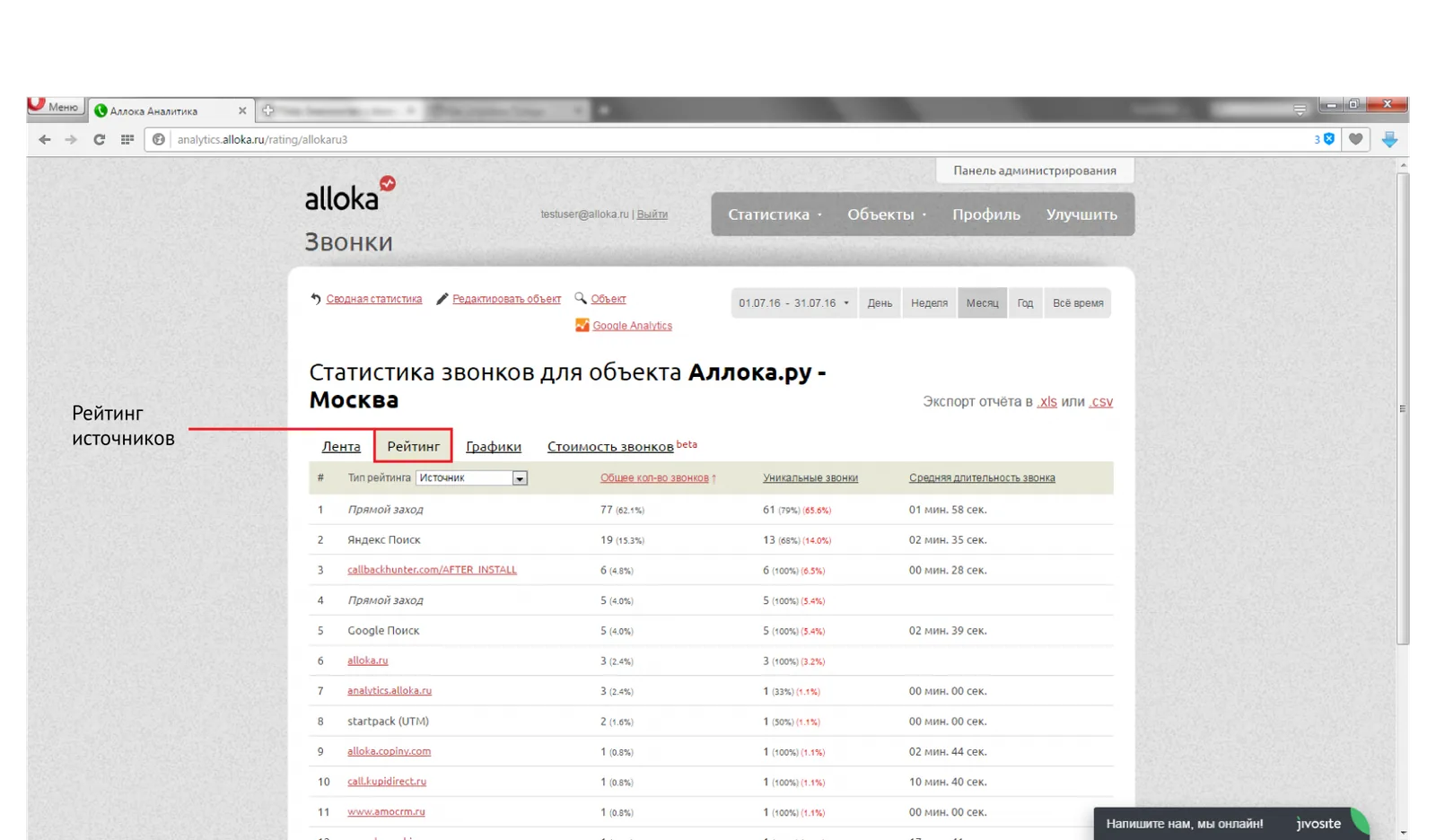 Фильтры ленты звонков объекта